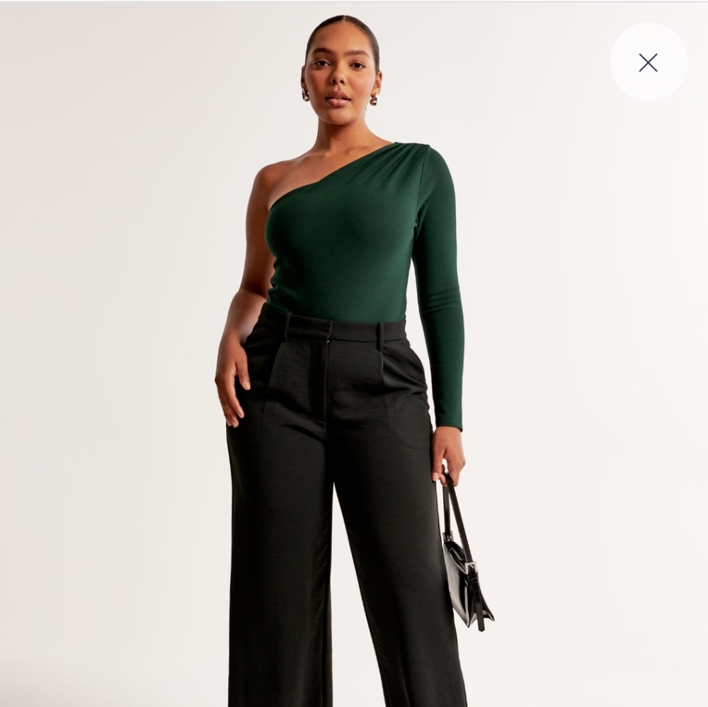 Long-Sleeve Crepe Asymmetrical One-Shoulder Bodysuit ABERCROMBIE